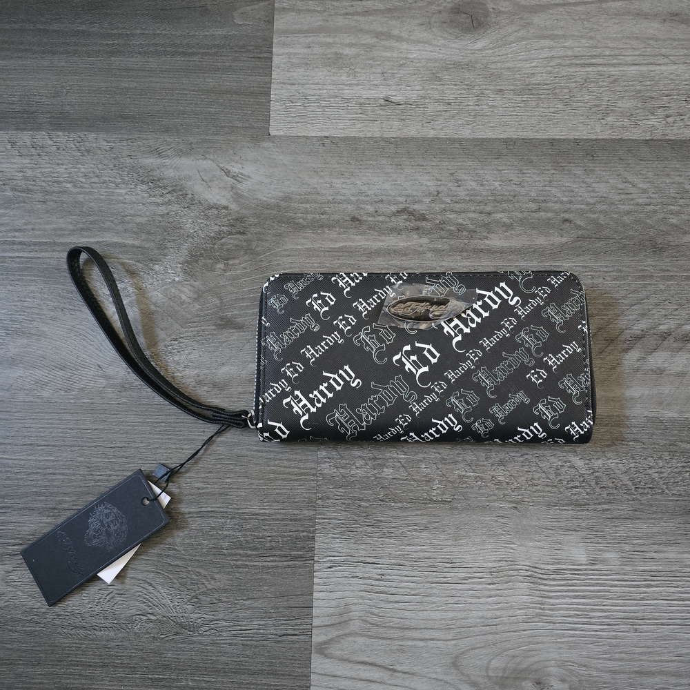 Ed Hardy Black and White Logo Wristlet